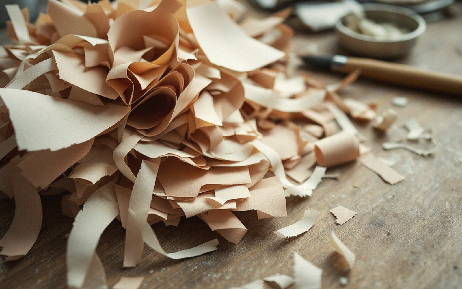 A pile of cut paper offcuts and narrow strips swept to the corner of a wooden table surface