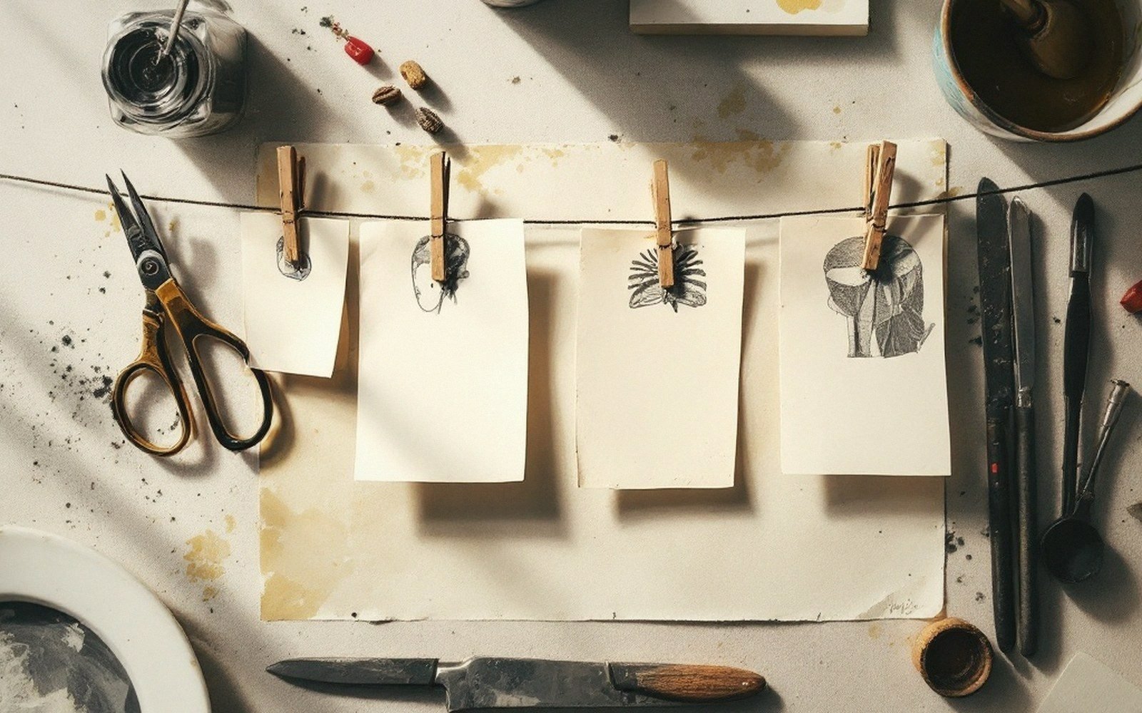 Four small prints pegged on a horizontal line to dry, slightly uneven, lit from one side